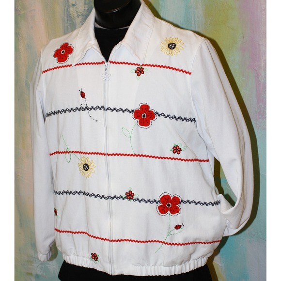 VTG Grannycore Floral White Cardigan 16 Red Flowers Applique Jacket XL bust 45 - Picture 1 of 10